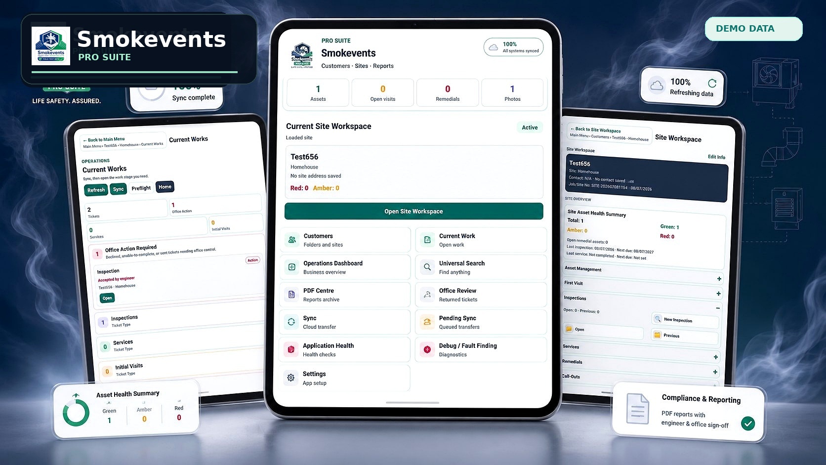 Smokevents Pro Suite product screens in a polished smoke-control product scene